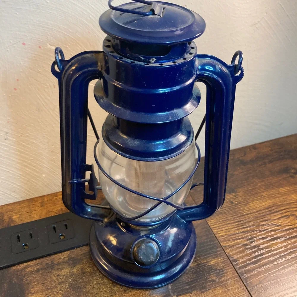Vtg Blue Metal Hurricane Lantern Battery Powered 9